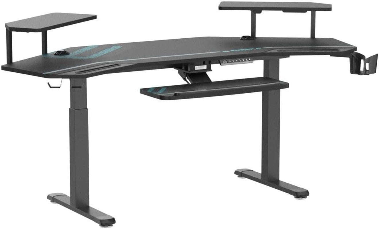 Gaming Desk, Standing Desk W Keyboard Tray, 72" Wing Shaped Music Studio Table with LED Shelves, Gaming Recording Live Stream, Slot Design