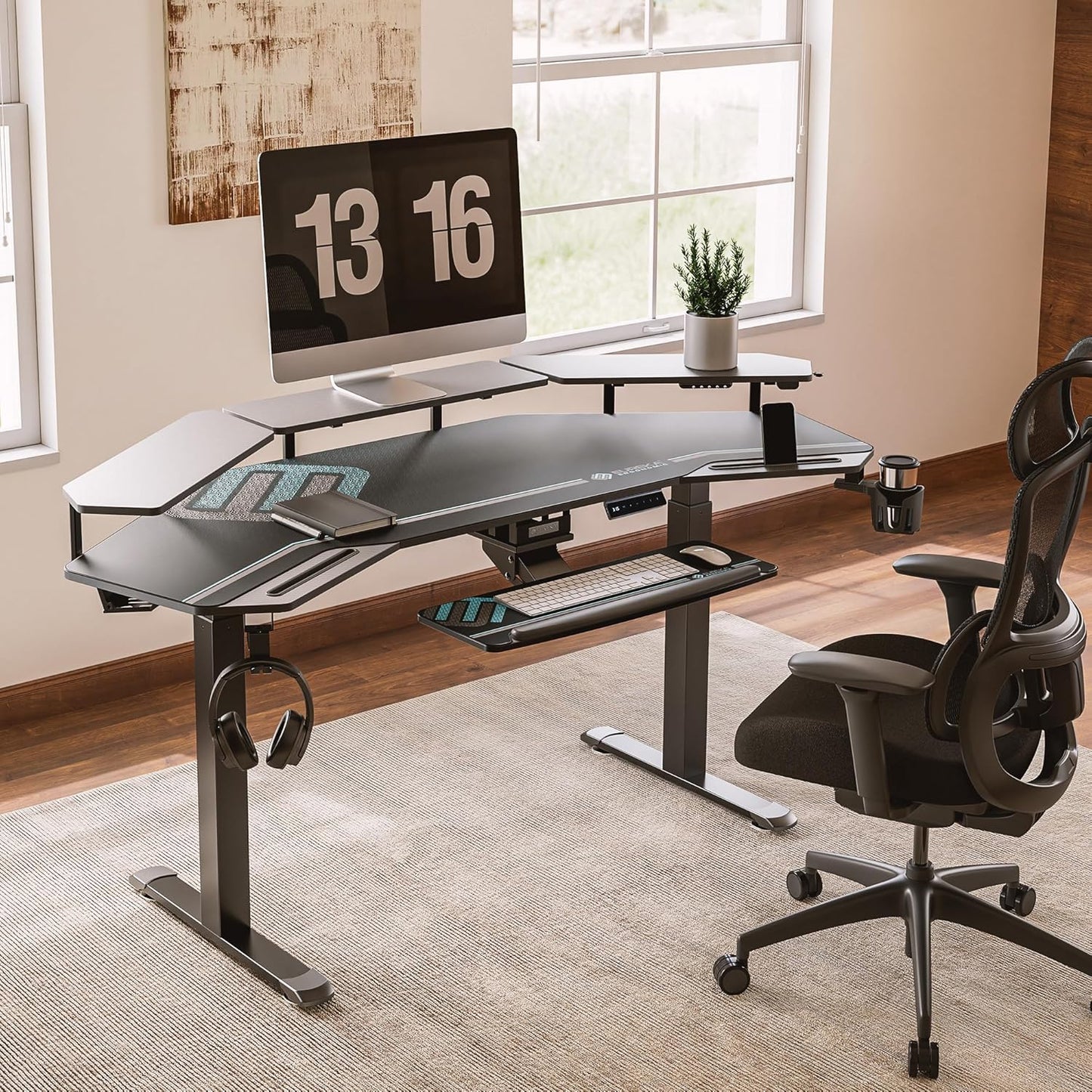 Gaming Desk, Standing Desk W Keyboard Tray, 72" Wing Shaped Music Studio Table with LED Shelves, Gaming Recording Live Stream, Slot Design