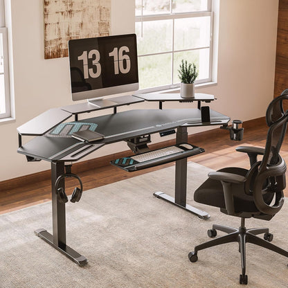 Gaming Desk, Standing Desk W Keyboard Tray, 72" Wing Shaped Music Studio Table with LED Shelves, Gaming Recording Live Stream, Slot Design